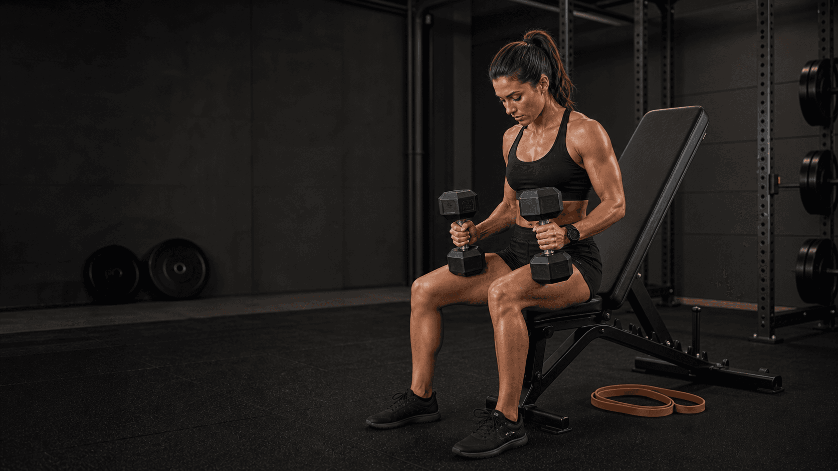 Lean athlete seated on an adjustable bench with dumbbells, plates, resistance band, and rack in a dark garage gym