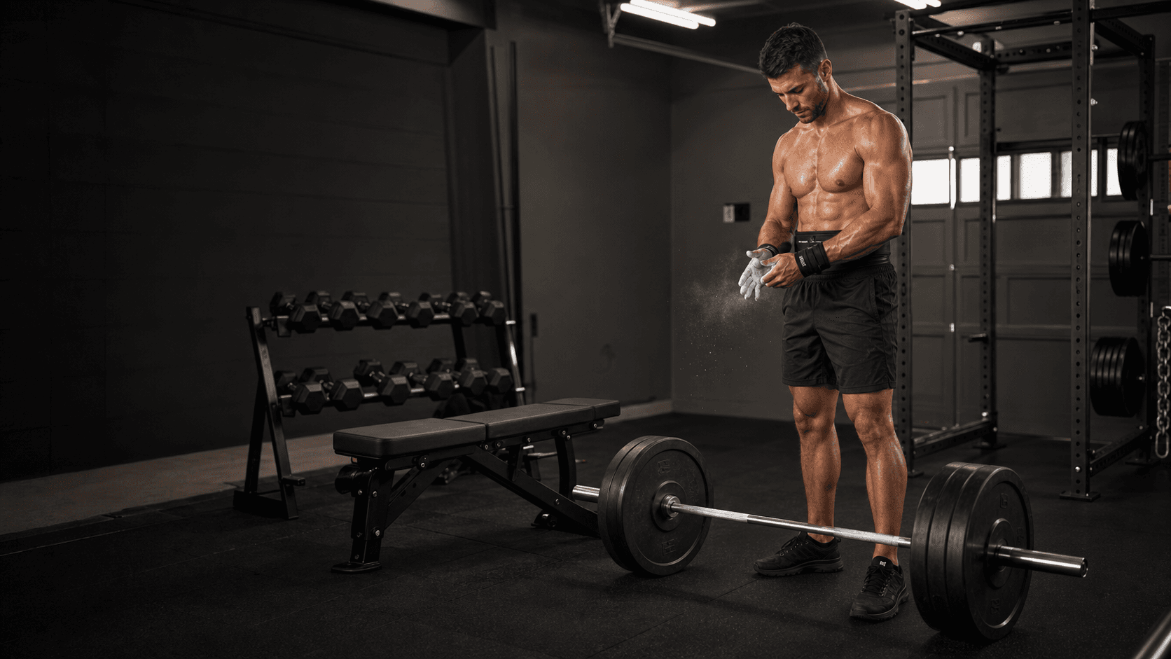 Lean lifter chalking up beside a loaded barbell, bench, dumbbells, and rack in a dark garage gym