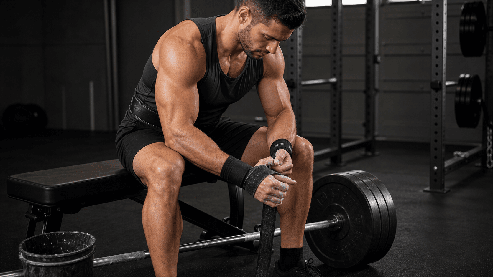 Muscular lifter tightening lifting straps beside a loaded barbell in a dark garage gym